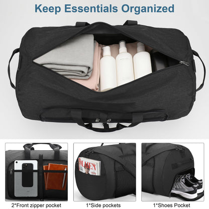 120L Foldable Waterproof Travel Duffel Bag for Men and Women with Shoe Compartment (Black, 120L)