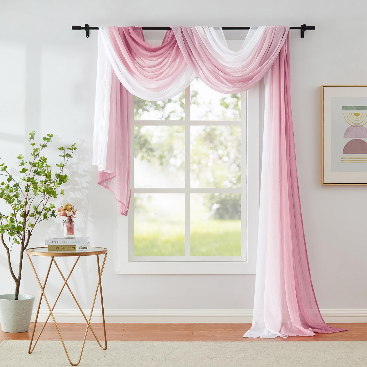 1 Piece Ombre Chiffon Sheer Window Scarf Valance Curtain 18ft for Living Room Girls Bedroom Decor, 216 Inch Long Crinkle Soft Window Sheer Voile Valance for Holiday, Wedding Party Decor, Pink, 52"W