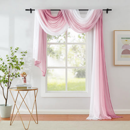 1 Piece Ombre Chiffon Sheer Window Scarf Valance Curtain 18ft for Living Room Girls Bedroom Decor, 216 Inch Long Crinkle Soft Window Sheer Voile Valance for Holiday, Wedding Party Decor, Pink, 52"W