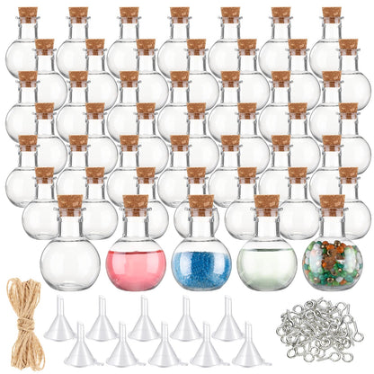 Bokon 50 Pack 1oz Plastic Mini Potion Bottles with Corks, Small Sand Art Jar Tiny Clear Liquor Bottles Bulk Wishing Vial for Birthday Halloween Valentines Party Favor DIY Craft (1.4x1.8 Inch,Round)