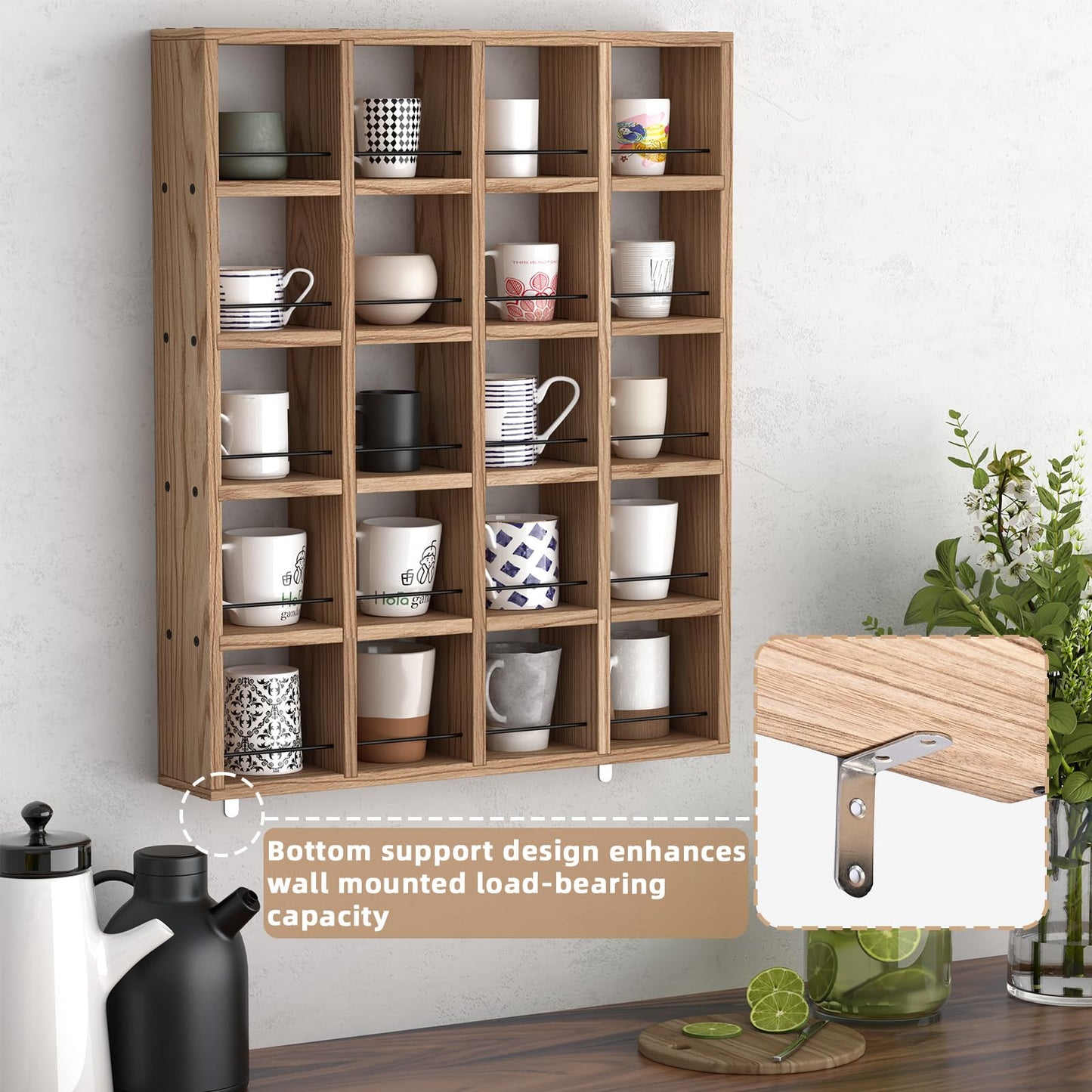 WYJREES Wooden Coffee Mug Display Rack, Wall Mounted Coffee Cup Display Shelf, Hold 24 Mugs, Rustic Shot Glass Display Case, Coffee Mug Holder Organizer for Kitchen, Coffee Station (23.6 * 29.5in)