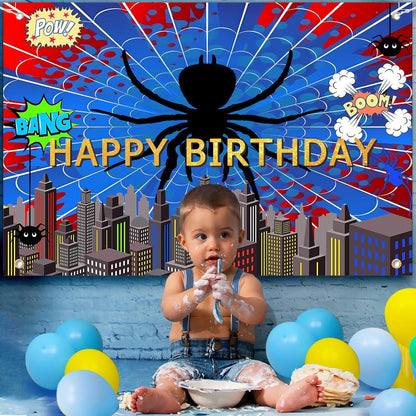 MOXDBT Red Blue Spider Web Superhero Photo Backdrop Banner 71x43 Inch Vibrant Polyester Spider Web Decoration Background for Boys Men Birthday, Baby Shower Bday Table Prop,Spider-Themed Party Decor