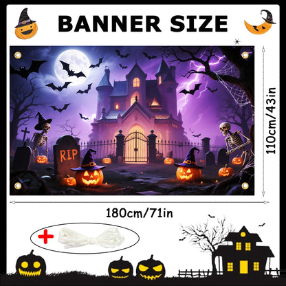 Halloween Backdrop 6x3.6ft Happy Halloween Backdrops for Photoshoot Jack O'Lantern Pumpkin Lantern Horror Moon Night Scary Cemetery Background with 19.68ft Rope for Adult Family Party Birthday Decor