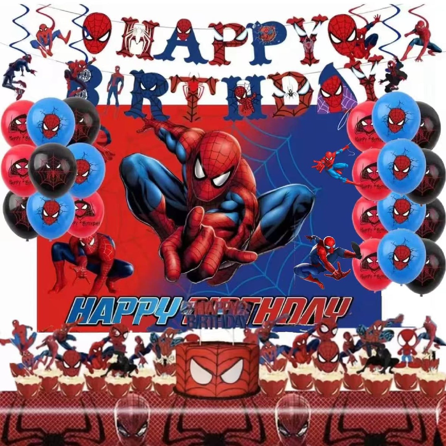 52pcs Spider Birthday Decorations Pack - Cartoon Spider Party Decorations Supplies with Balloons, Banner, Backdrop, Cake/Cupcake Toppers, Hanging Swirls & Tablecloth