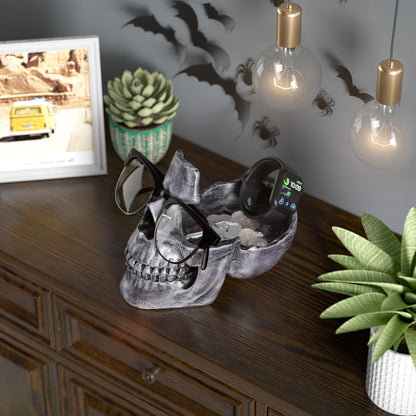 READAEER Skull Glasses Stand Holder, Creative Eyeglasses Holder, Sunglasses Spectacle Display Rack, Key Holder Resin Sculptures for Entryway, Home, Office, Desk, Nightstand (Silver)