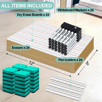 24 Pack Small White Boards, 9"x12" Double Sided Personal Dry Erase Boards Portable Handheld Whiteboards with Lines for Kids, Students, Teacher School, Include 24 Markers, 24 Erasers