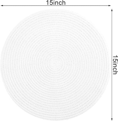 SHACOS Round Braided Placemats Set of 4 Washable Round Table Mats for Dining Table 15 inch (White, 4)