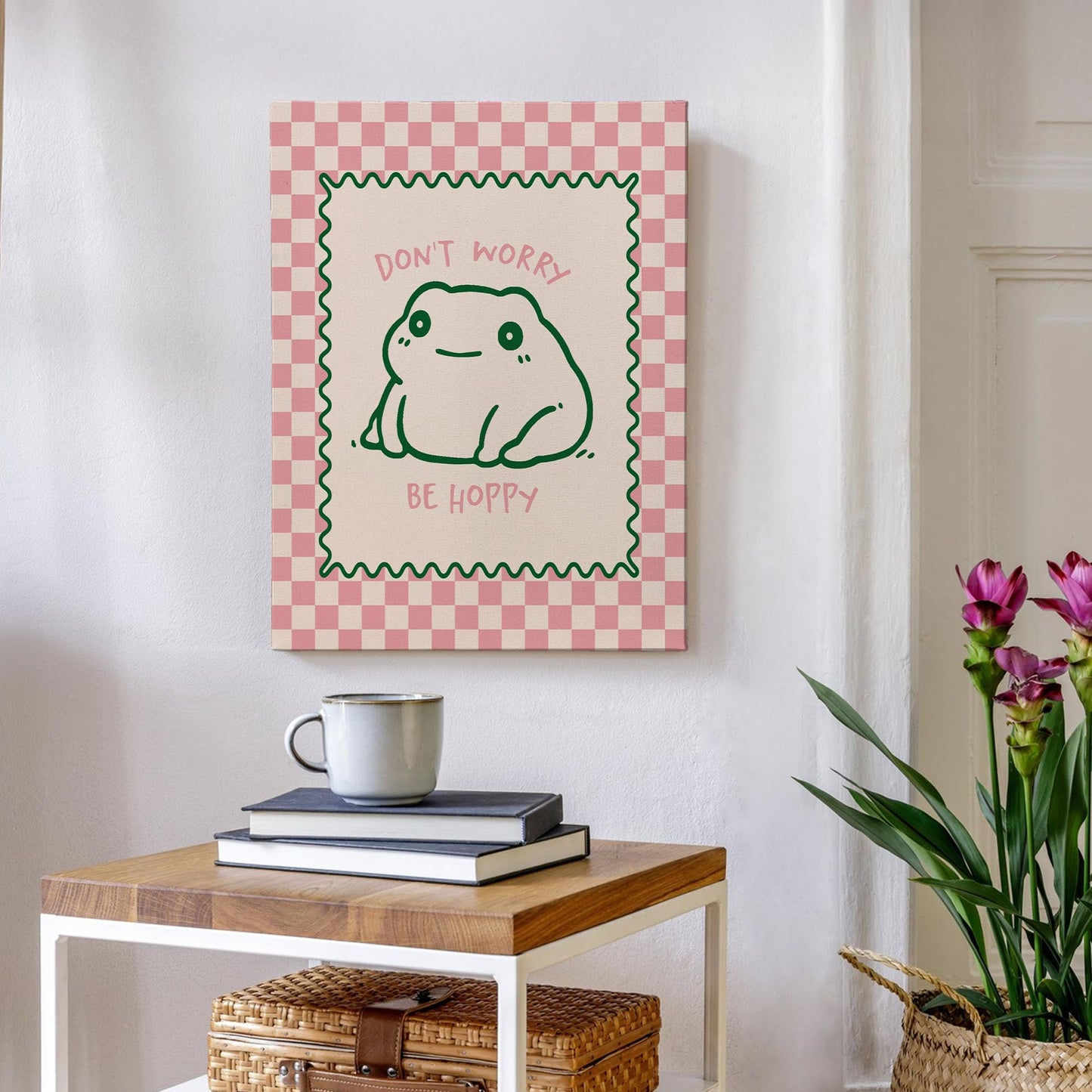 XINCEYWJ Frog Decor, Cute Funny Frog Classroom Wall Decor, Don't Worry Be Hoppy Pink Checkered Canvas Art Prints Framed, Mental Health Cute Funny Wall Art for Kids Bathroom Bedroom Office, 11x14 In