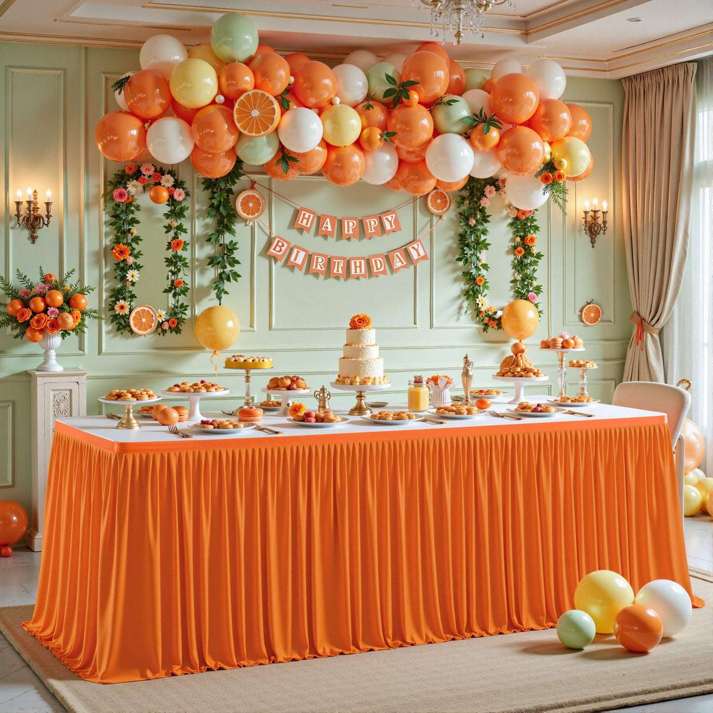 Wish Care 6ft Long Orange Table Skirt for Rectangle Tables - Wrinkle Resistant Polyester Pleated Table Skirting for Parties Weddings Office