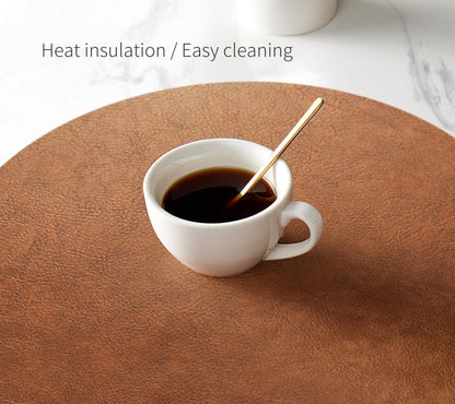RENMTURE Faux Leather Placemats Set of 4,with 4 Cup mat,Washable, for Kitchen Dining Table,Restaurant,Coffee Shop (Walnut Brown, Round)