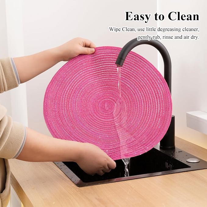 SHACOS Round Placemats Set of 4 Round Table Placemats Braided Cotton Place Mats 15 inch for Kitchen Dining Table Holiday Party (Hot Pink, 4)