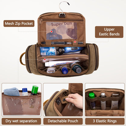 Yarwo Hanging Toiletry Travel Bag for Men, Waxed Canvas Men Dopp Kit Hygiene Bag with Detachable Zipper Pouch, Water-resistant Shaving Storage Bag for Razor and Travel Essentials, Xmas Gift for Man