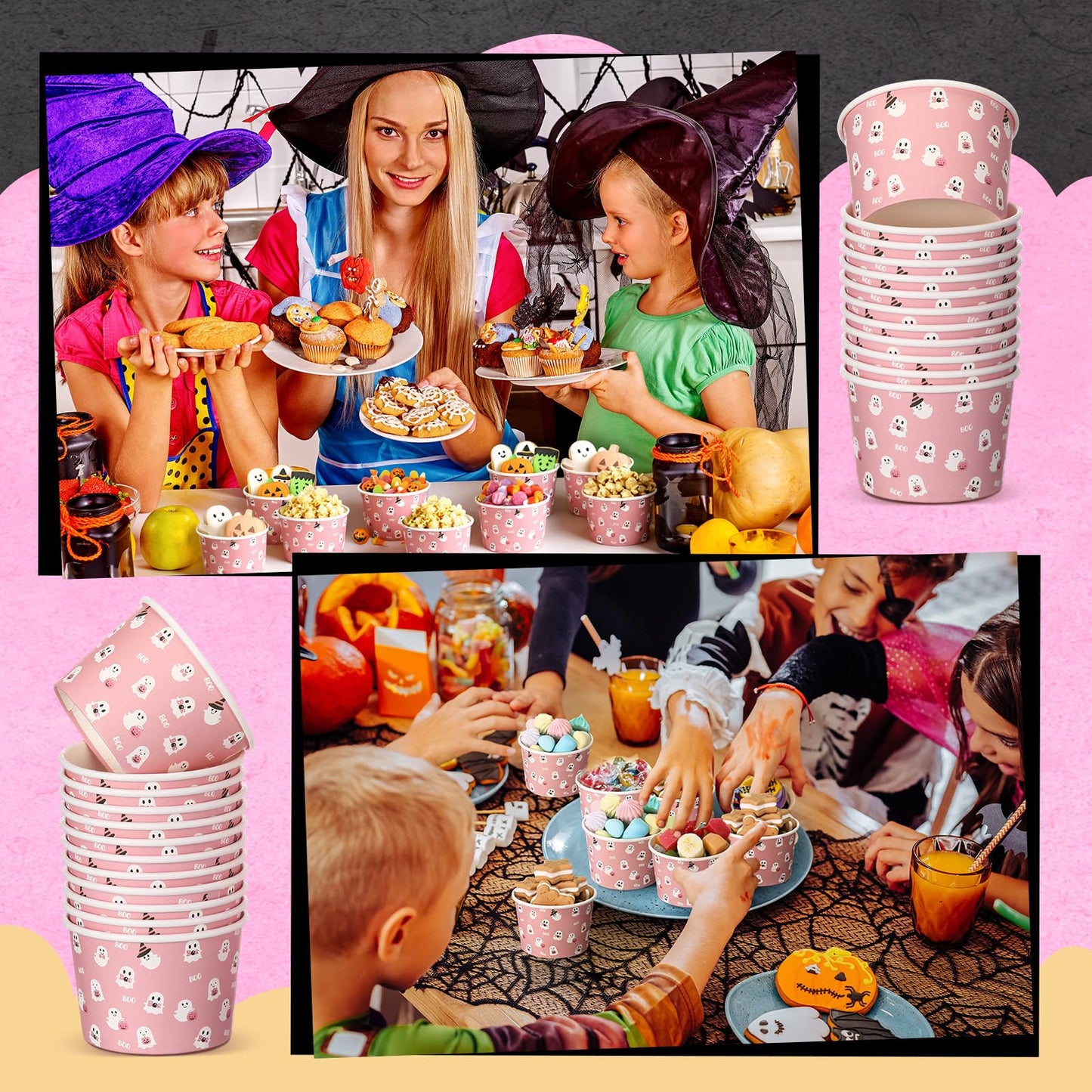Spiareal 24 Pcs Halloween Bowls Pink Ghost Disposable Paper Bowls 9oz Halloween Treat Snack Cups Candy Dessert Ice Cream Party Cups for Holiday Table Decoration Party Favor Supplies