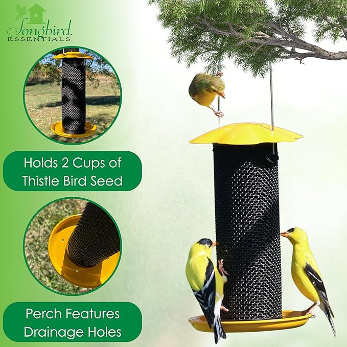 Songbird Essentials Gold Finch Feeder for Outdoor Hanging - Petite Nyjer Thistle Seed Feeder - All Metal - for Finches and Buntings for Outdoor Garden - Bright Yellow