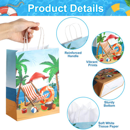 MIMIND Summer Beach Party Paper Bags with Tissue Paper 48 Pack Pool Kraft Goodie Candy Gift Treat Bags with Handles for Summer Luau Tropical Beach Party Favors Supplies