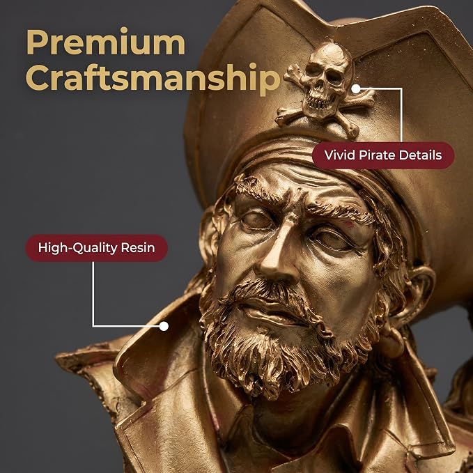 H&W Golden Pirate Figurines - Buccaneer Francis Drake Statue Decoration for Home/Study/Living Room, Great Collectible Figurines, Best Gift for The Man, Sandstone Color (HH17-D5)