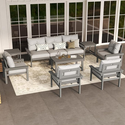 HDPE Outdoor Patio Furniture Set, 10-Piece Patio Conversation Set with 3-Seat Sofa, 4 Armchairs, 2 Side Tables & 1 Coffee Table, All-Weather Outdoor Sofa Set for Deck, Porch, Garden (Grey Frame)