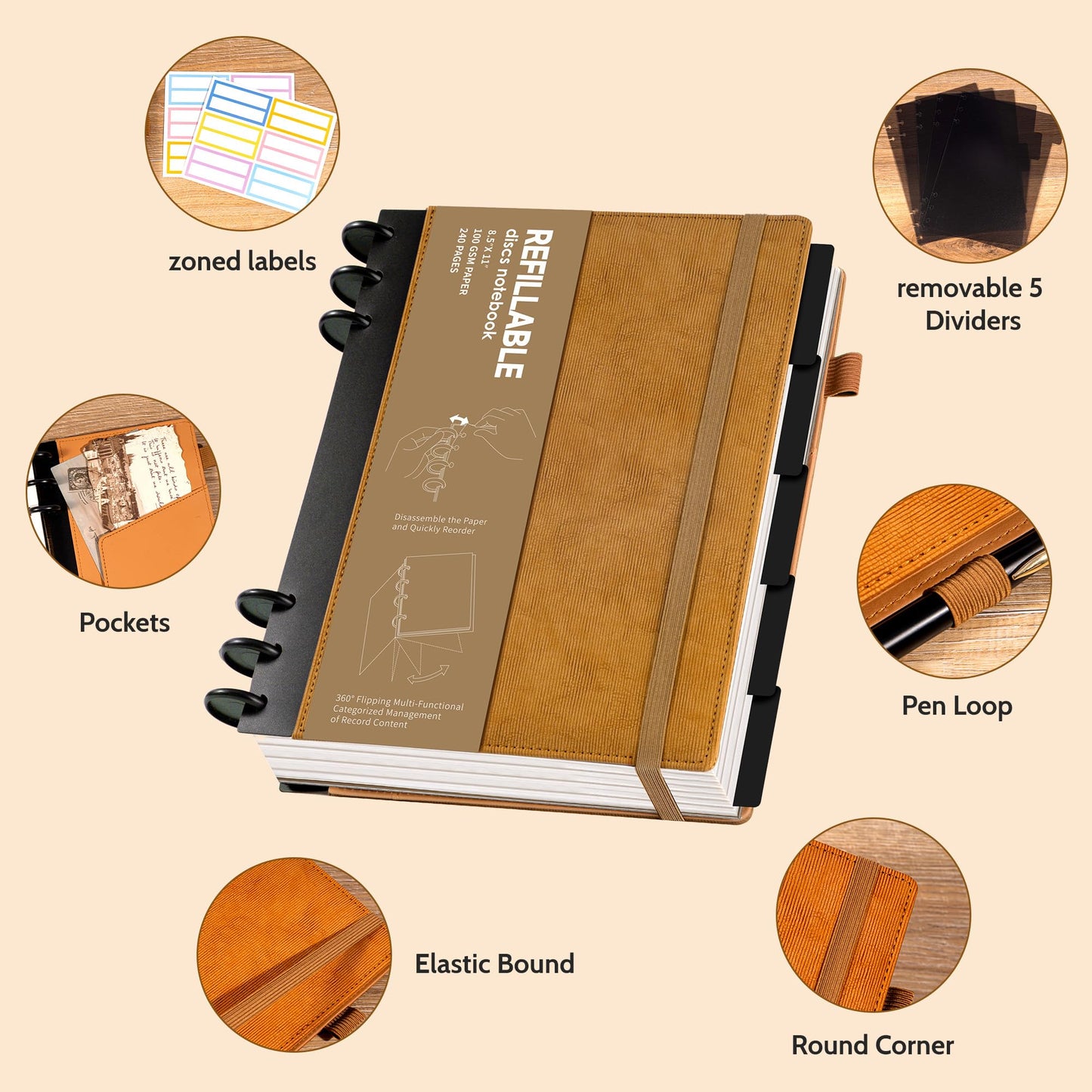 Yoment Refillable Notebooks for Work Discbound: Hardcover Notebook with 5 Subject Removable Dividers Tabs Colleged Ruled Large Journal for Writing Women Men 240 Pages,Brown