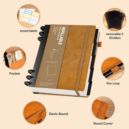 Yoment Refillable Notebooks for Work Discbound: Hardcover Notebook with 5 Subject Removable Dividers Tabs Colleged Ruled Large Journal for Writing Women Men 240 Pages,Brown