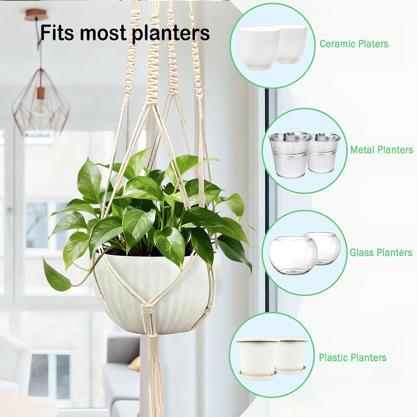 wocoxo Macrame Plant Hanger, Hanging Planter Basket with Decorative Tassels, Decorative Flower Pot Holder for Indoor Outdoor Boho Home Decor, Set of 2 (Metal Hanging Ring)
