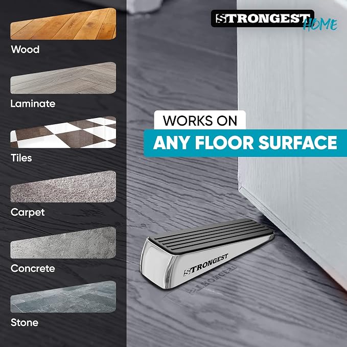 STRONGEST HOME Stoppers for Bottom of Door – Heavy Duty Metal Rubber Door Stopper, Non-Slip Door Stop for Heavy Doors, Works on Wood, Tile & Carpet Floors Wedge Chrome 4 PCs + 4 White Wall Protectors