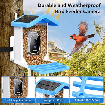 Smart Bird Feeder with Camera, AI Bird Species Identification Solar Powered Panel, 2.5k HD Video Bird House with Camera for Outside Garden, Ideal Gifts for Lover, Valentine's Day, Blue