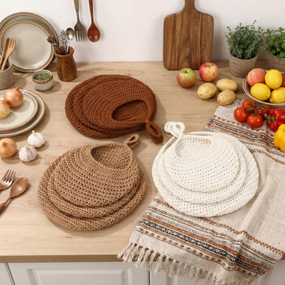 LemonRoad Boho Decor Hanging Wall Fruit Baskets for Kitchen 9 Pack Woven Teardrop Produce Baskets with 9 Pcs Strong Hooks 3 Sizes Hanging Storage Vegetable Potato Onion for Home, White, Linen, Jute