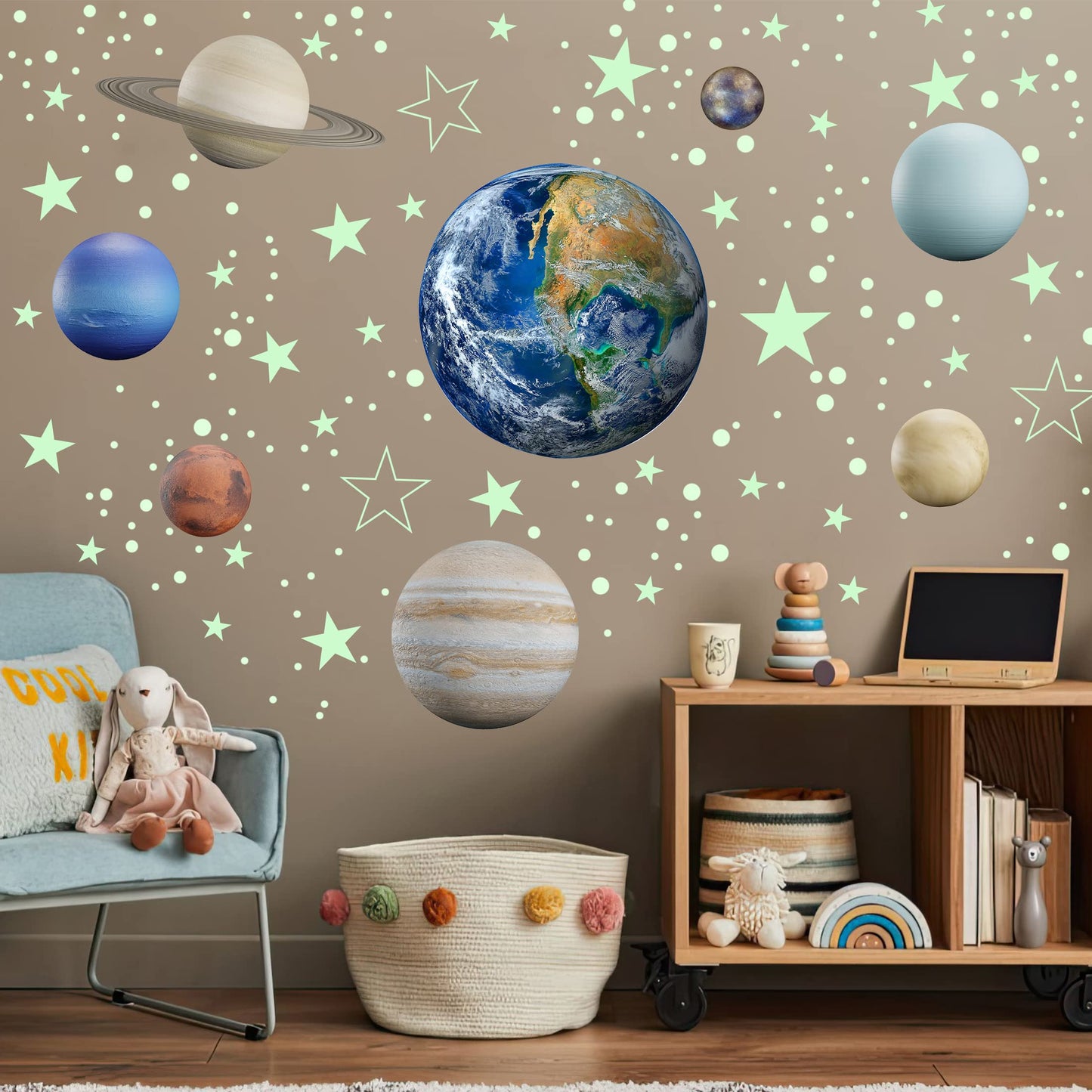 Glow in The Dark Stars Solar System Wall Decals, The Earth Wall Stickers for Bedroom, Baby Nursery Planets Sticker Decoration for Ceiling (Green)