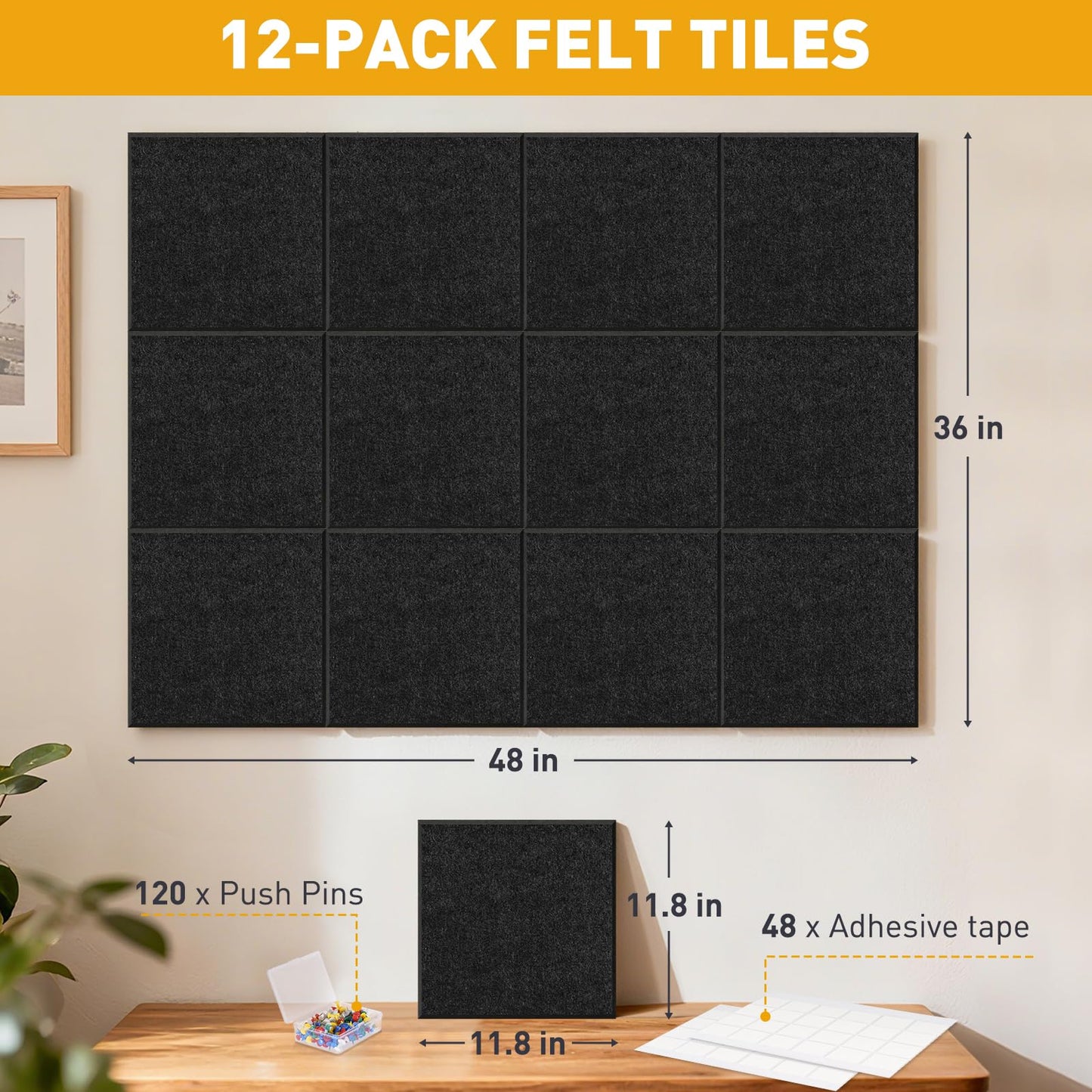QUEENLINK Large Felt Bulletin Board 48"x36", 12-Pack, Cork Board Alternative with 48 Removable Adhesive Tabs, Felt Wall Tiles Pin Board Tack Board for Home Office Wall Decor, Black
