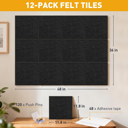 QUEENLINK Large Felt Bulletin Board 48"x36", 12-Pack, Cork Board Alternative with 48 Removable Adhesive Tabs, Felt Wall Tiles Pin Board Tack Board for Home Office Wall Decor, Black