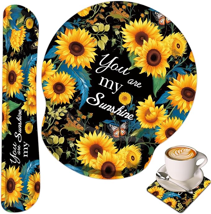 Keyboard Wrist Rest and Mouse Wrist Rest Pad with Cup Coaster,Made of Memory Foam,Ergonomic Support,Easy-Typing and Pain Relief,for Gaming Office Home Computer,You are My Sunshine Sunflower