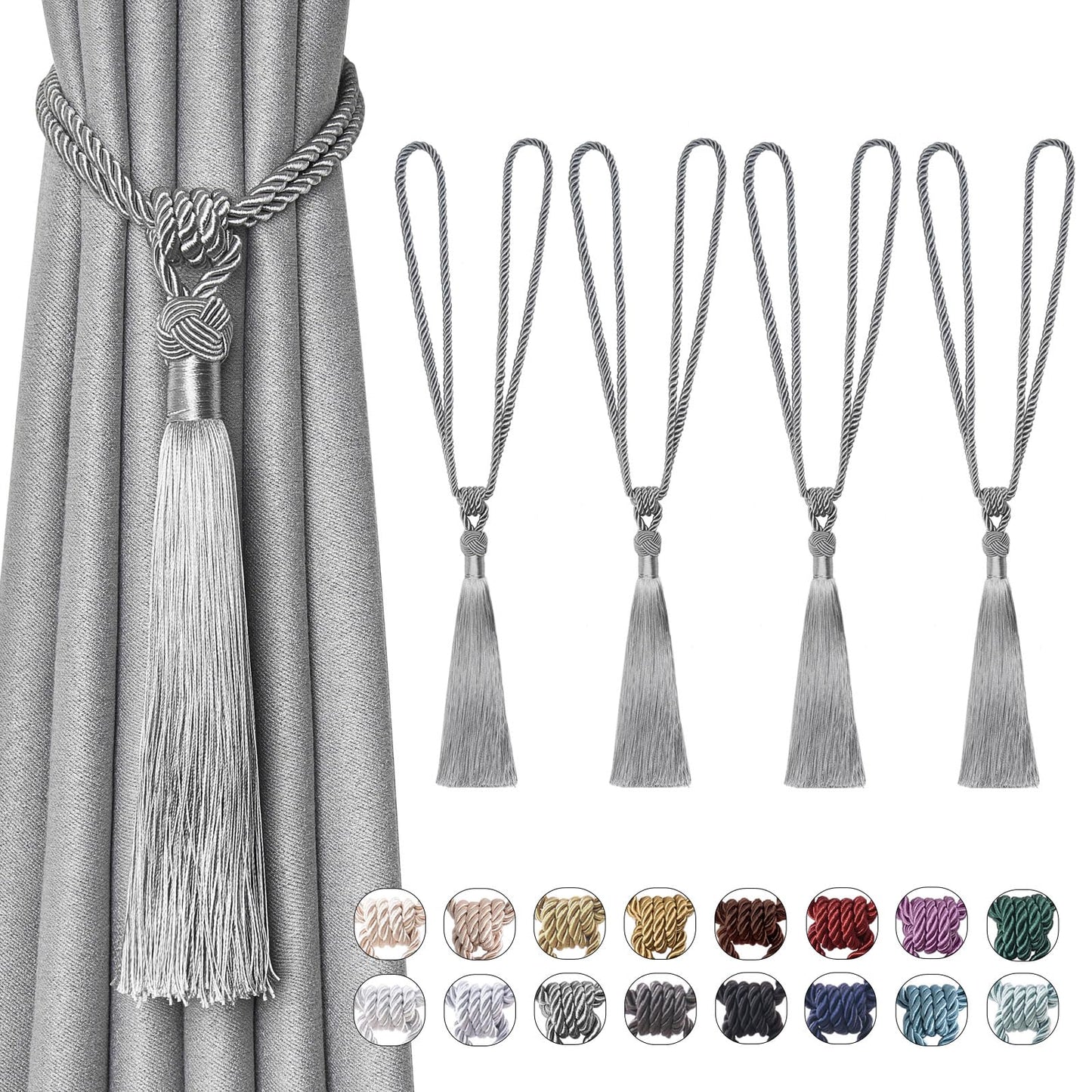NICEEC 4 Pack Long Tassel Curtain Tiebacks Handmade Braided Rope Knot Drape Tie Backs European Style Decorative Curtain Holdbacks for Home & Office Window Drapery (Grey)