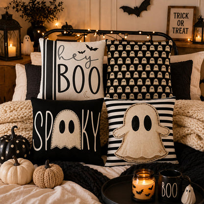 Juynyyn Halloween Hey Boo Cute Ghost Spooky Throw Pillow Covers, 18 x 18 Inch Horror Scary Cushion Case for Sofa Couch Set of 4