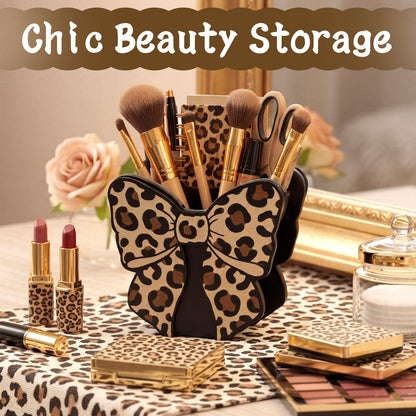 Tenceur Leopard Print Bow Holder for Desk Large Capacity Bow Wooden Pencil Holder Coquette Supplies Desk Organizer Cute Teacher Office Decor Makeup Brush Holders Back to School Gift for Girls Women