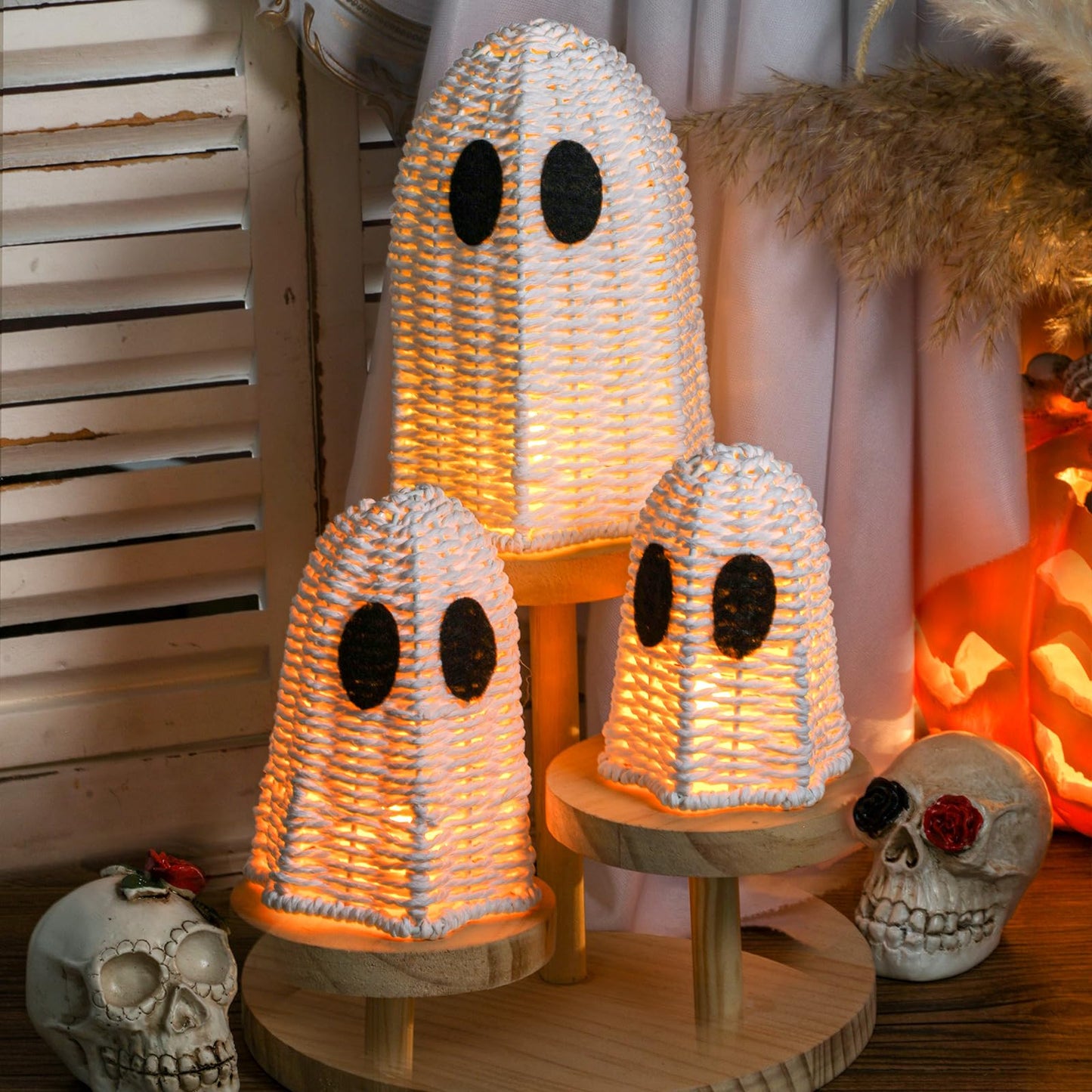 Geelin White 3 Pcs Halloween Rattan Wicker Ghosts Decoration Cute Farmhouse Ghost Figurines for Table Tray Shelf Desk Tiered Tray Centerpieces Indoor Tabletop Halloween Decor