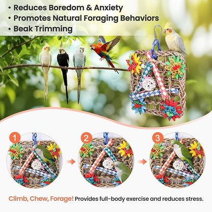 Cockatiel Toys, Extra Large Natural Seagrass Shredding Mat, Rattan & Wood Finger Traps Bird Toy for Parakeets, Budgies, Conures, Lovebirds - Parrot Enrichment Activity Center for Boredom Relief