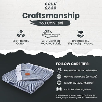 Gold Case Throw Blanket for Couch – 100% Recycled Turkish Cotton Blankets & Throws – Elegant Decorative Throw Blankets for Living Room Sofa – Woven Throws for Couch – Elegant Navy Blue – 50x60