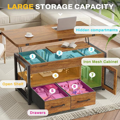 Itaar 40" Lift Top Coffee Table, 4 in 1 Coffee Tables with Storage Cabinet for Living Room, Small Farmhouse Coffee Table with 2 Fabric Drawers & LED Light for Dining Room, Rustic Brown