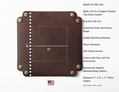 American Made Premium Leather Valet Tray, Folds Flat! Dice Rolling Basket and Organizer with Brass Rivets (Dark Walnut Brown, Medium)