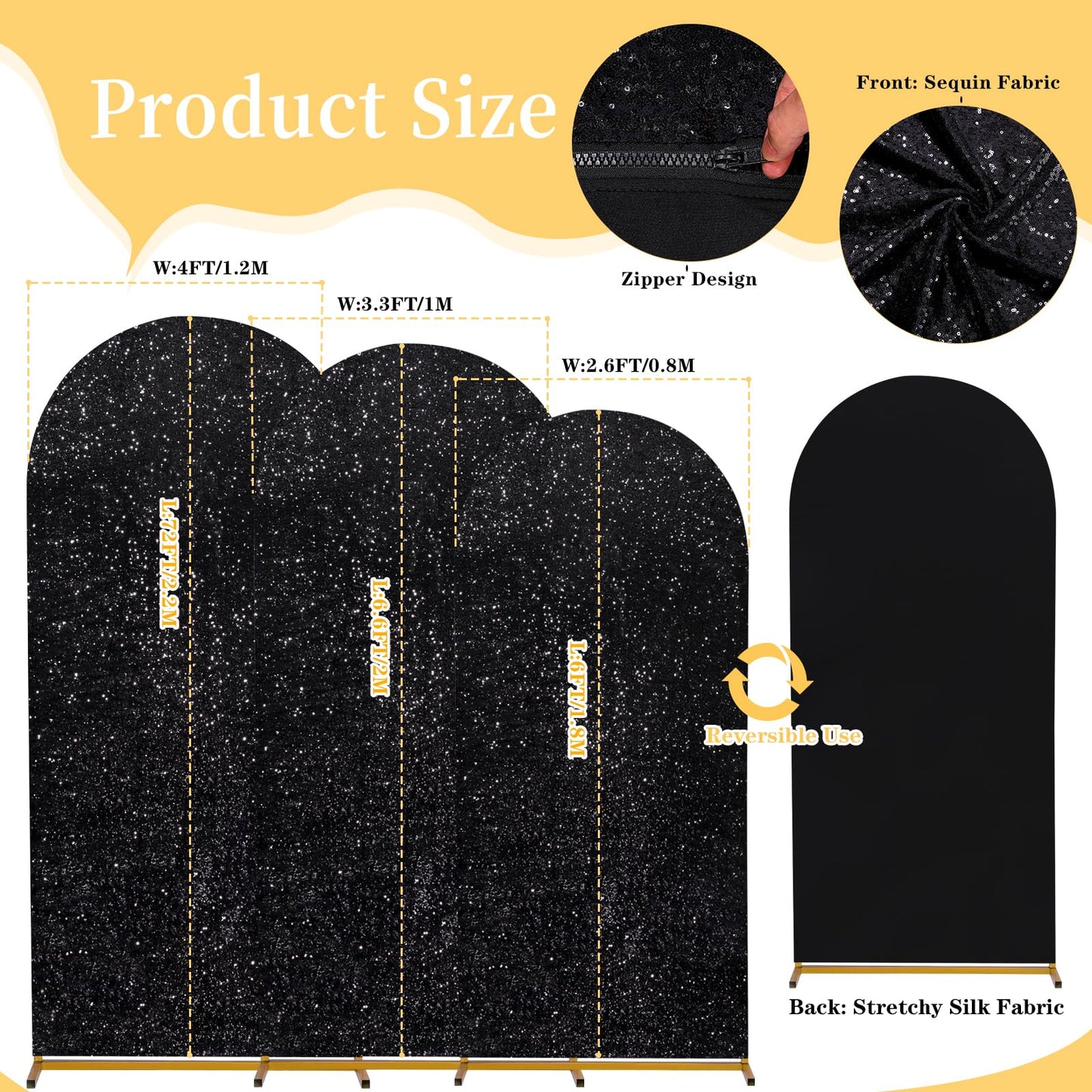 Set of 3 Black Arch Backdrop Covers Sequin Backdrop Arch Cover for Wedding Party Halloween Graguation Birthday Flower Balloon Stand(7.2ft, 6.6ft, 6ft)
