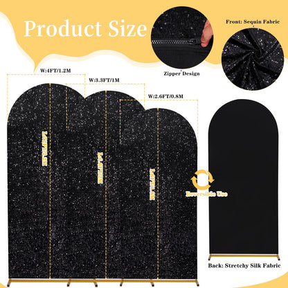 Set of 3 Black Arch Backdrop Covers Sequin Backdrop Arch Cover for Wedding Party Halloween Graguation Birthday Flower Balloon Stand(7.2ft, 6.6ft, 6ft)
