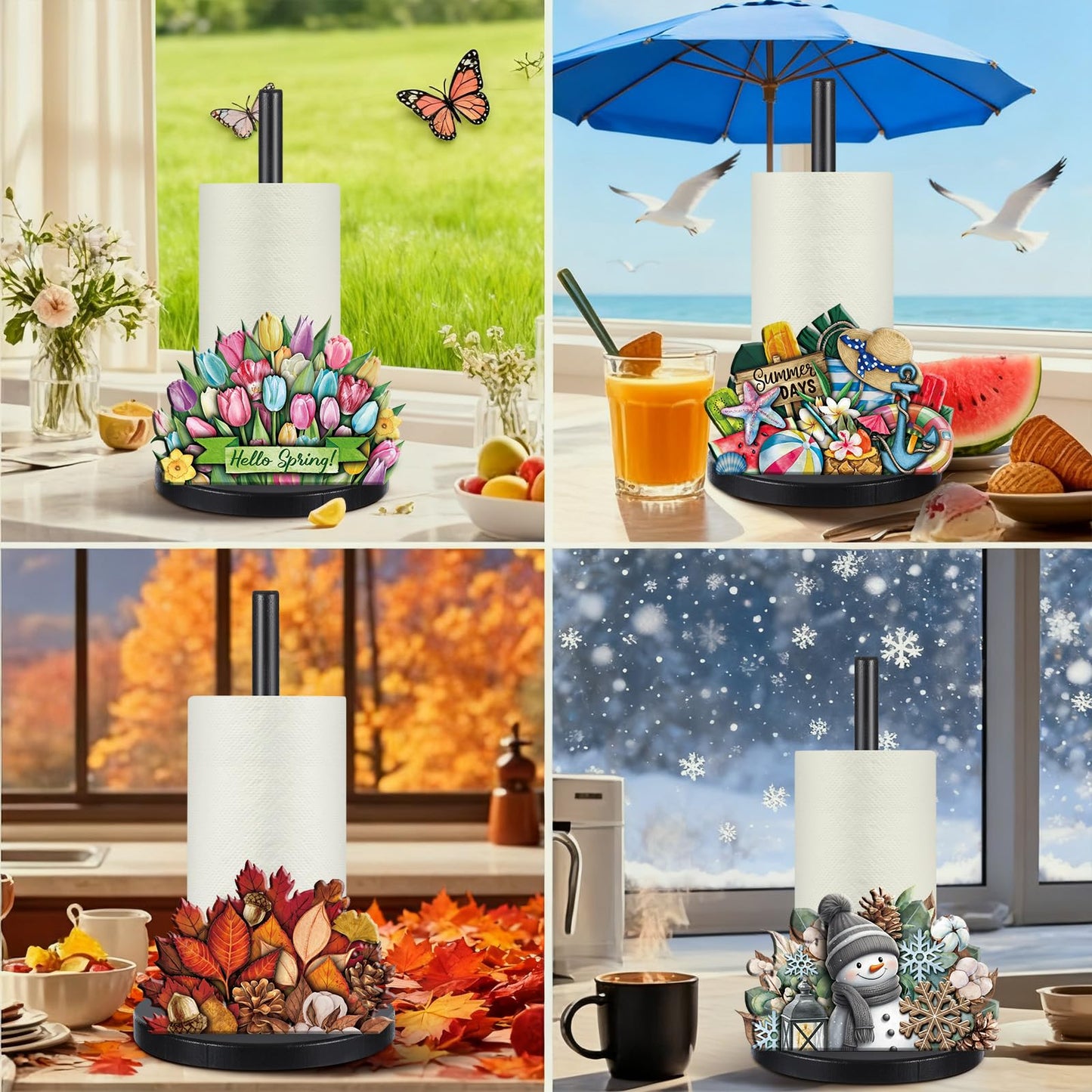 LemonRoad 17 Pcs 4th of July Holiday Interchangeable Kitchen Paper Towel Holder Wooden Fall Sunflower Seasonal Countertop Paper Towel Holder with Holiday Sign for Halloween Christmas Home(Fresh)