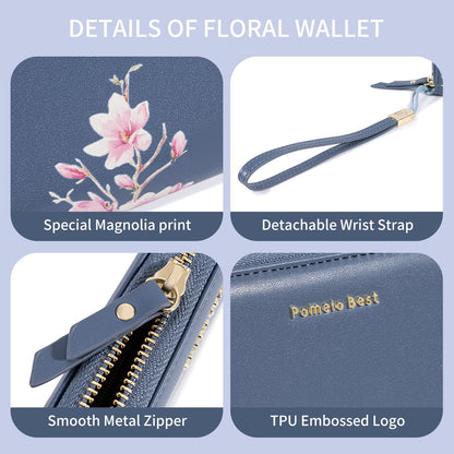 Pomelo Best Womens Wallet RFID Blocking Leather Multi Credit Card Large Capacity Wristlet Zip Around Long Wallets for Lady Blue