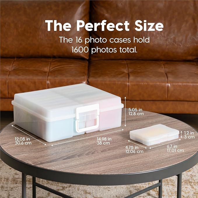 IRIS USA 4" x 6" |Made in USA| 2-Pack Photo Organizers and Picture Storage Box with Handle, 16 Inner Cases/Containers for Tasks, Stickers, Ephemera, & Flashcards - Pearl