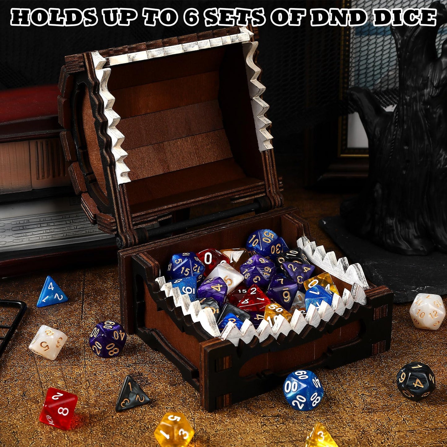 JULEASEL Mimic Dice Box – Wooden Monster Treasure Chest with Teeth & Green Eyes, Halloween Desk Decor Creepy Box, Funny Dice Storage for Tabletop RPG & Fantasy Games (Grimjaw)