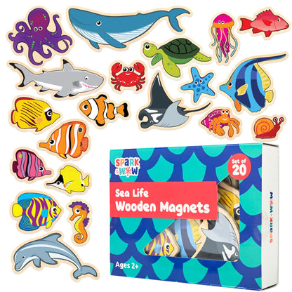 Spark & Wow Wooden Magnets | Sea Life | Magnets for Kids Ages 2+ Open-Ended Play | Adhere to Fridges, Whiteboards and More