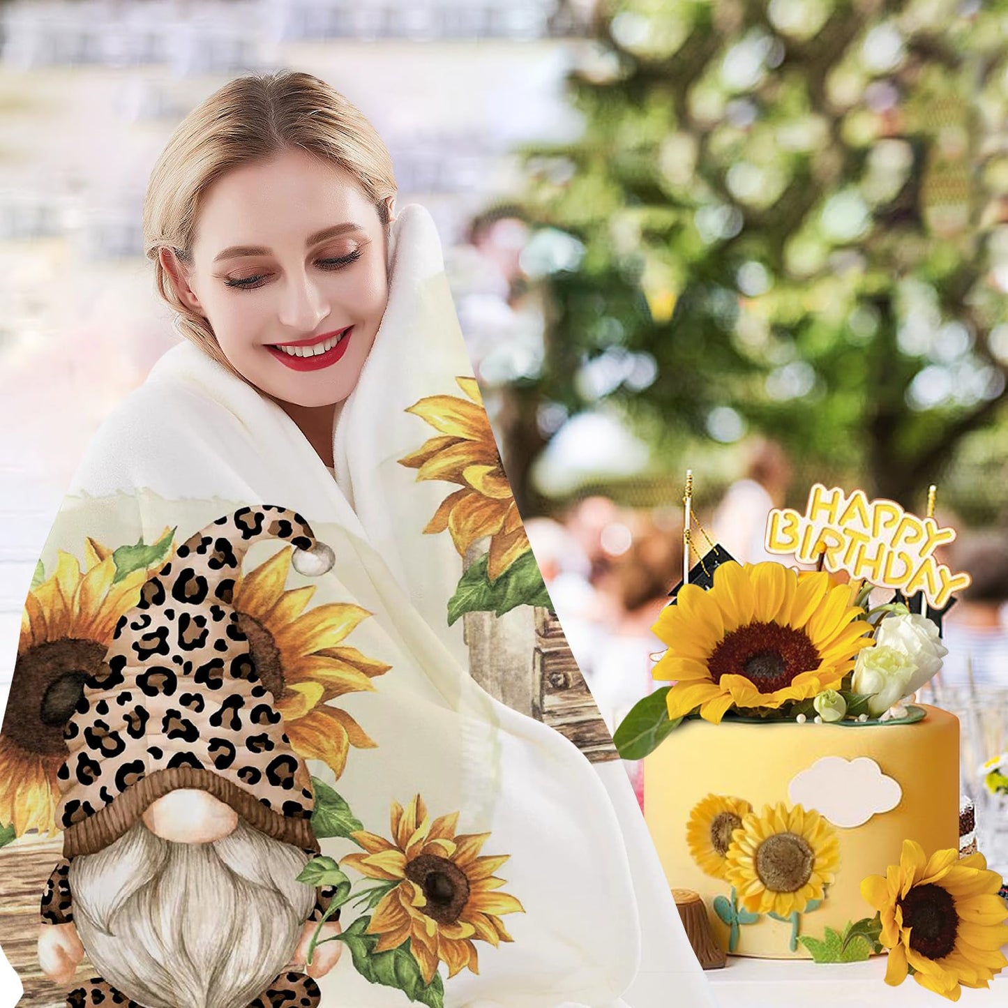 tiosggd Summer Sunflower Gnomes Blanket 60x50 Inches, Gnome Gifts for Women, Kids, Sister, Adults, Mom, Friends, Birthday Gifts, Soft Flannel Fleece Sunflower Throw Blanket for Couch Sofa Bed