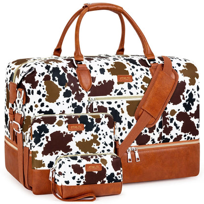 Weekender Bag for Women, Travel Duffel Bag Carry On Overnight Bag with Shoe Compartment Large Nylon Travel Weekend Tote Bag, 5-Brown Cow