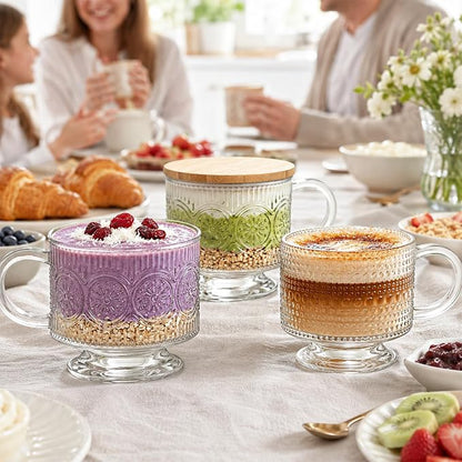 INSETLAN Vintage Glass Coffee Mugs 14 oz Set of 4, Embossed Overnight Oats Containers with Bamboo Lids and Spoons, Glass Coffee Cups for Tea, Cappuccino, Latte, Cereal and Yogurt, Gifts for Women