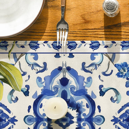 Artoid Mode Lemon Blue and White Porcelain 210 GSM Summer Table Runner, Seasonal Spring Kitchen Dining Table Decoration for Home Party Decor 13x72 Inch